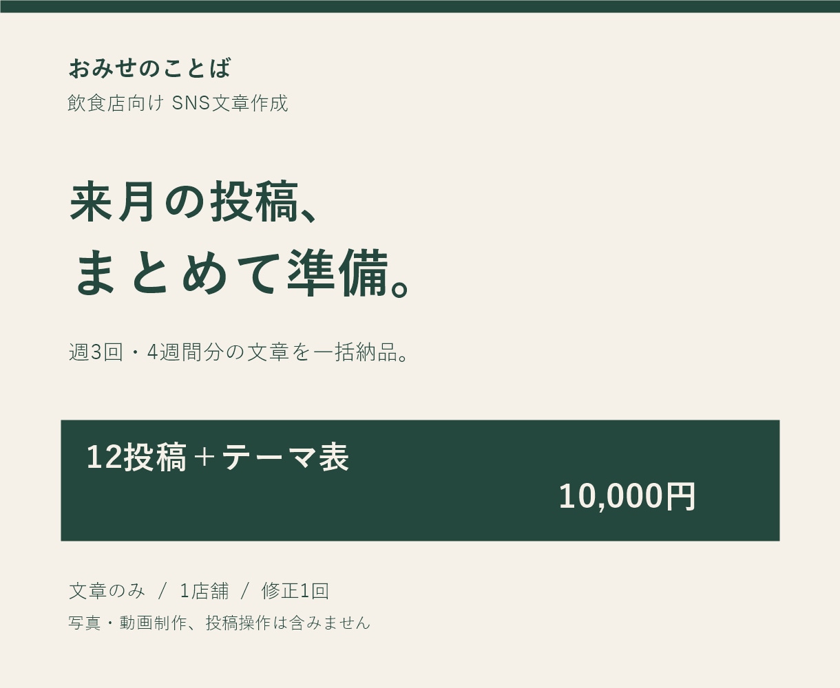 飲食店の1か月分のSNS投稿文を作ります 週3回・12投稿分。テーマ決めから文章までまとめて準備 イメージ1