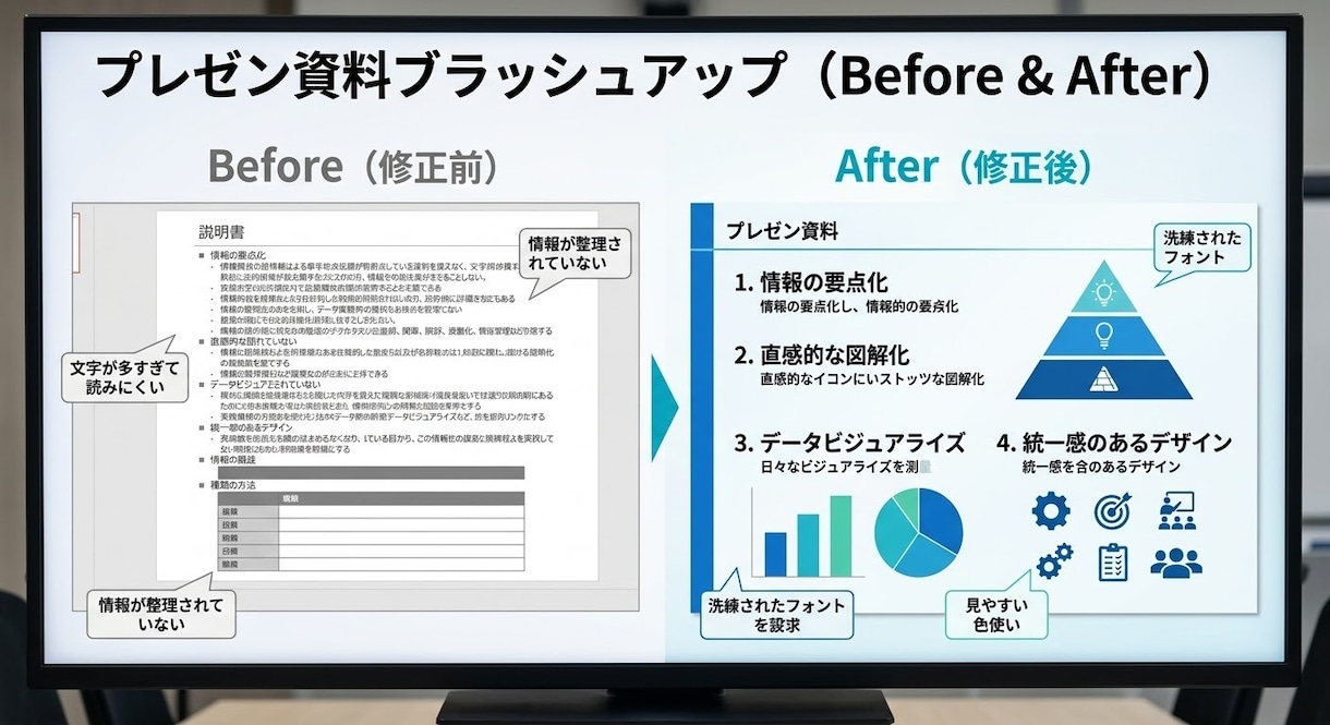 伝わる見やすいプレゼン資料にブラッシュアップします ごちゃついたスライドを見やすく整理し伝わるデザインに整えます イメージ1