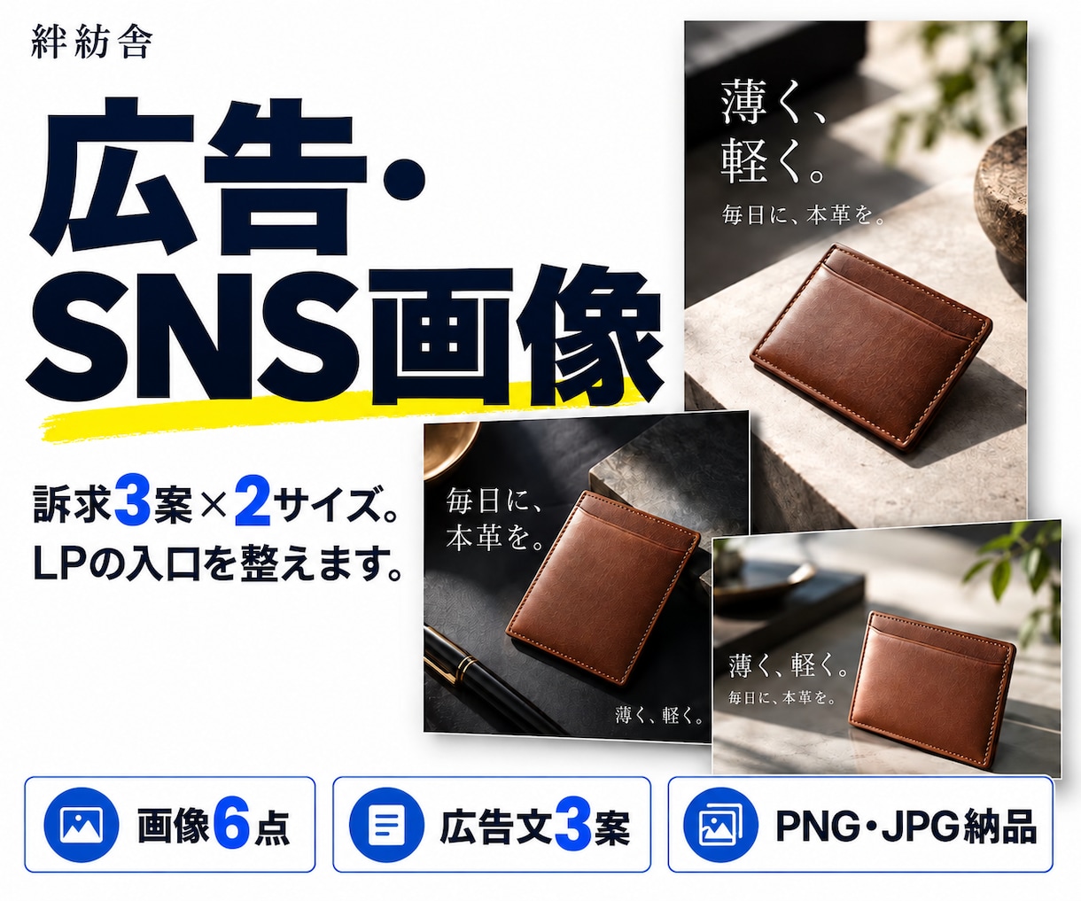 LPにつなぐ広告・SNS画像6点を制作します 訴求3案と2サイズで入口の見せ方をそろえます イメージ1