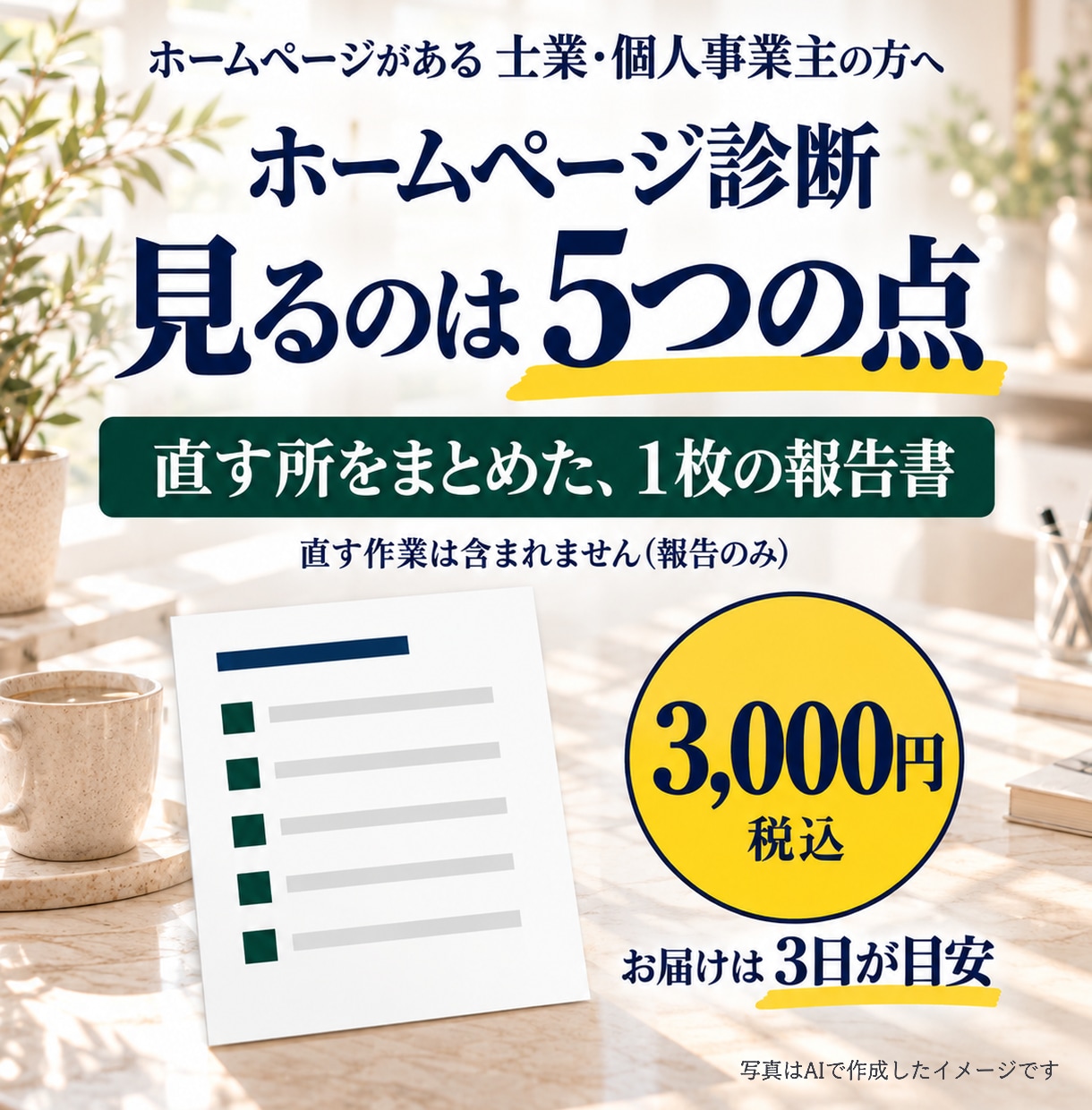 ホームページ診断｜5つの点から直す所をお伝えします スマホ・速さ・問い合わせ・文章・版の古さの5つの点から見ます イメージ1