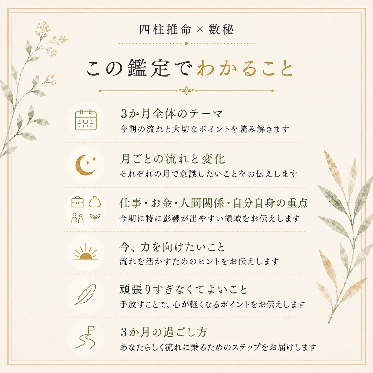 これから3か月の運勢と過ごし方を丁寧に読み解きます 四柱推命×数秘で今やること・急がなくていいことを整理 イメージ3
