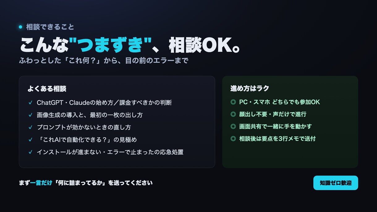 深夜も即対応 AI初心者ビデオ相談のります 講師10年×エンジニア10年が深夜でも30分で詰まりを解消 イメージ2