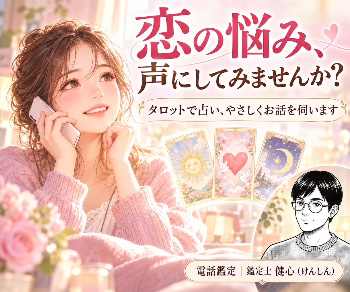 恋愛の不安を電話でうかがい、タロットで占います 話すだけでも心が軽くなる、タロットと共に次の一歩を考えます。 イメージ1