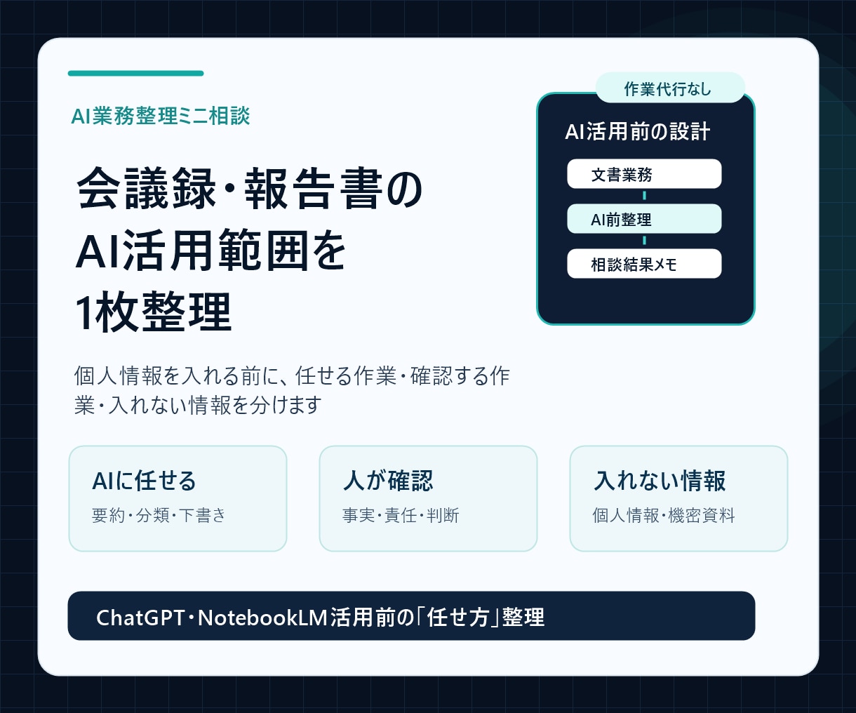 会議録・報告書のAI活用範囲を1枚整理します 個人情報を入れずに、最初の一歩まで見える化します イメージ1