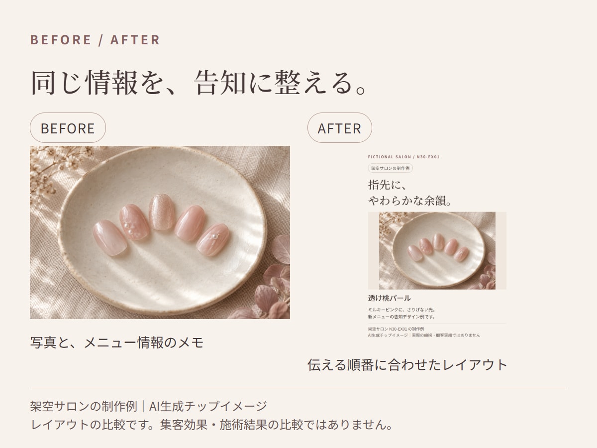 ネイルサロンの新メニュー告知を整えます 写真と情報から、画像6点と投稿文3本を制作 イメージ2