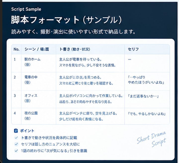 縦型ショートドラマの脚本を書きます 1話ごとの引きを意識した脚本をご提案 イメージ3