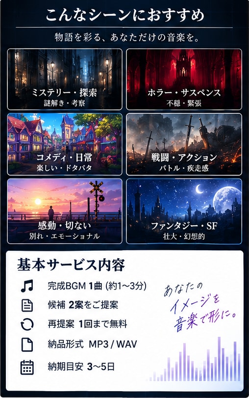 用途に合わせたオリジナルBGMを制作します シーンに合う楽曲をオーダーメイド制作 イメージ2