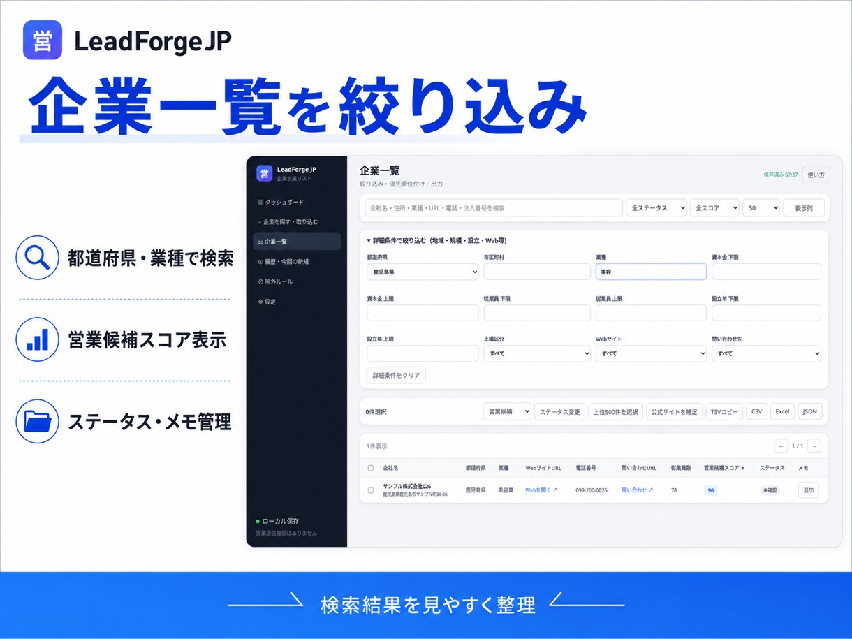 営業候補企業を自動収集・整理します 地域・条件で企業を探し、重複除外からCSV出力まで イメージ3
