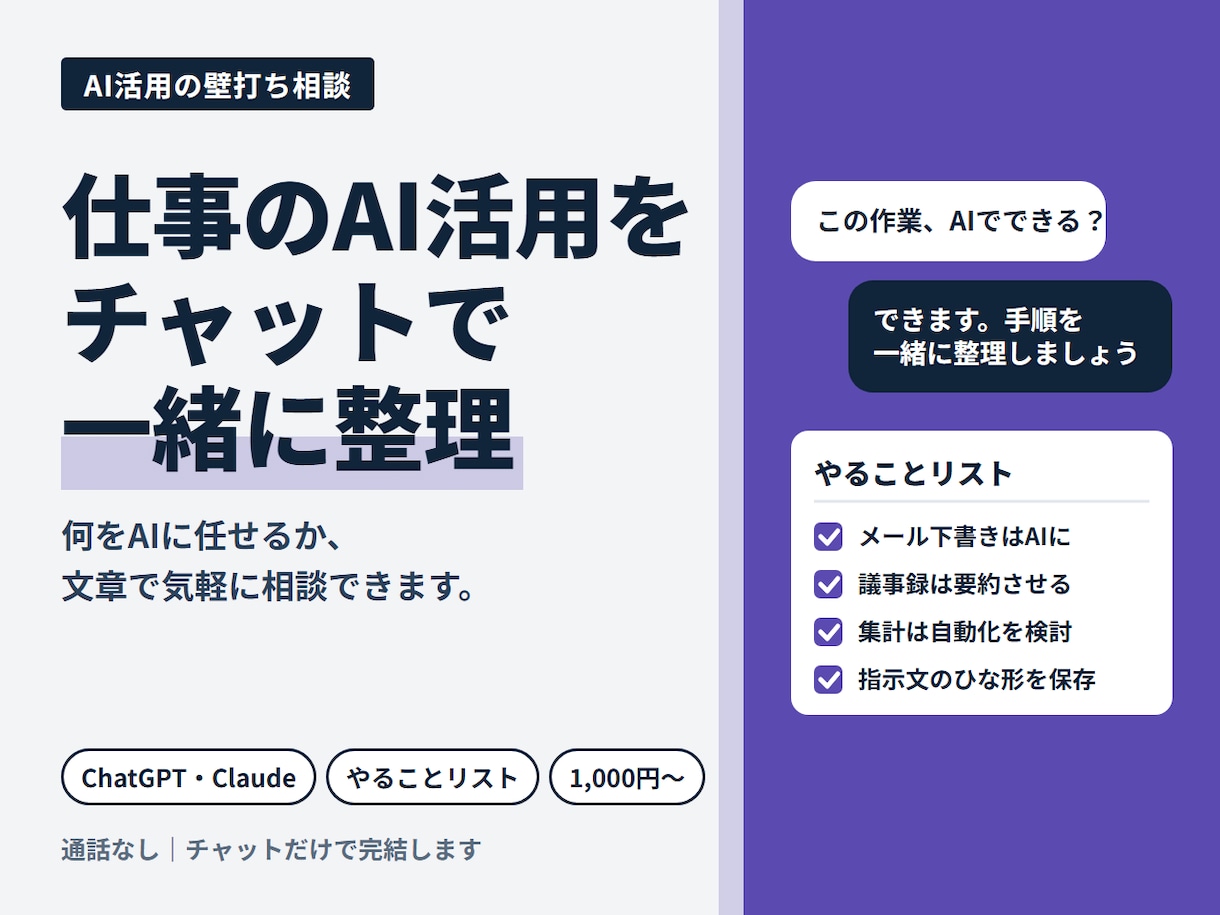 仕事のAI活用をチャットで壁打ち相談します ChatGPT・Claude活用｜何から始めるか一緒に整理 イメージ1