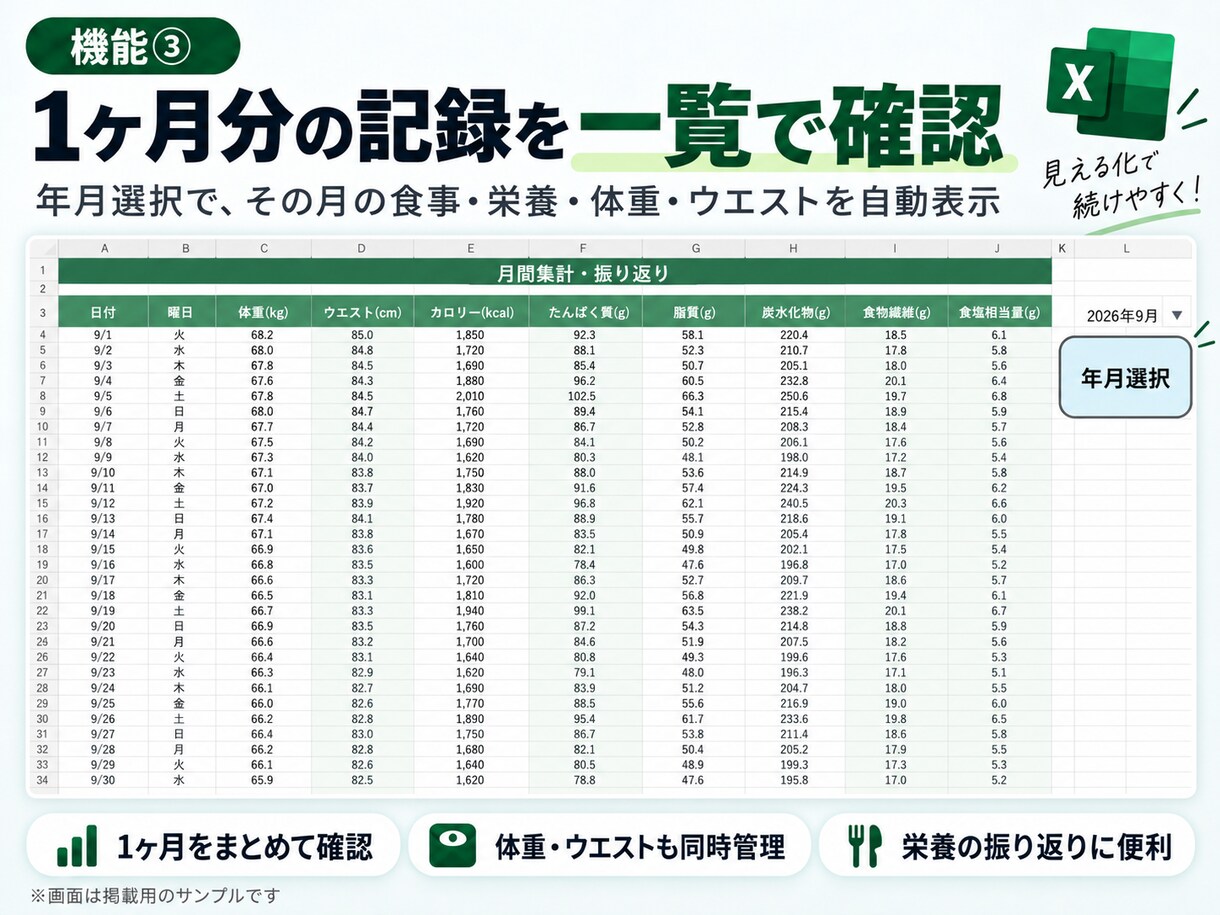 食事・栄養・体重をExcelで簡単管理します 191品収録！選ぶだけで栄養と体重を自動集計 イメージ5