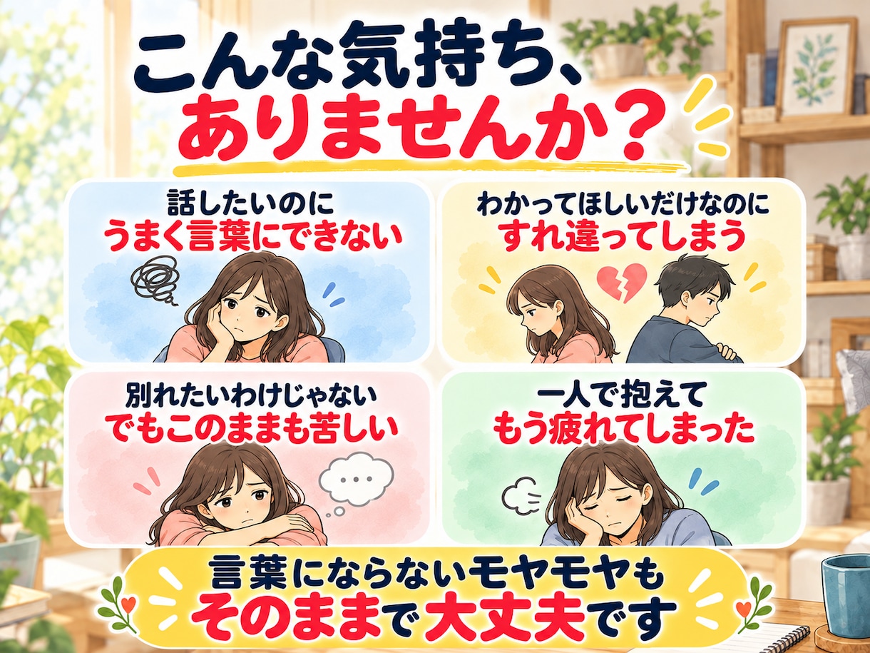 夫婦関係の悩みを3往復で一緒に整理します 繰り返す喧嘩・価値観の違い｜今できる一歩を一緒に考えます イメージ2