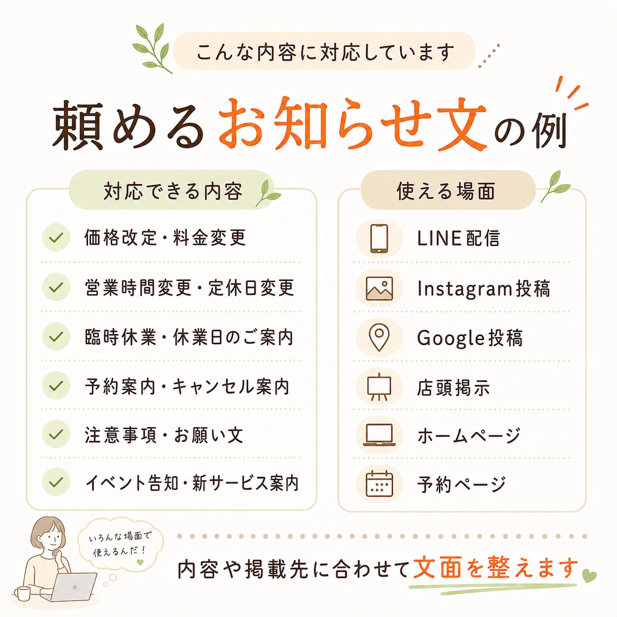 小規模店向け【伝えにくいお知らせ文】を作成します 必要な案内、言いにくい内容などを、お店らしい言葉に整えます イメージ3