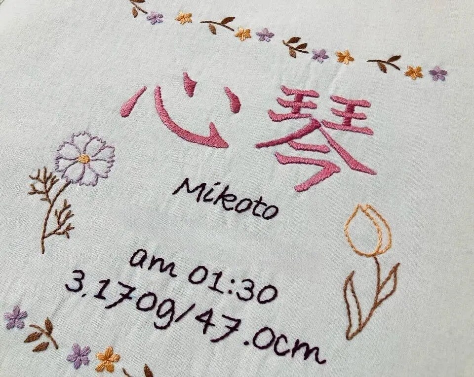 オーダーメイドの手刺繍命名書を作成します お子さんの名前にちなんだイラストを刺繍致します イメージ1