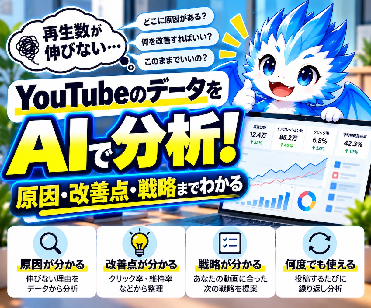 YouTubeのデータを分析するAIを提供します 再生数が伸びない原因を見つけ、もっと見られる動画へ イメージ1