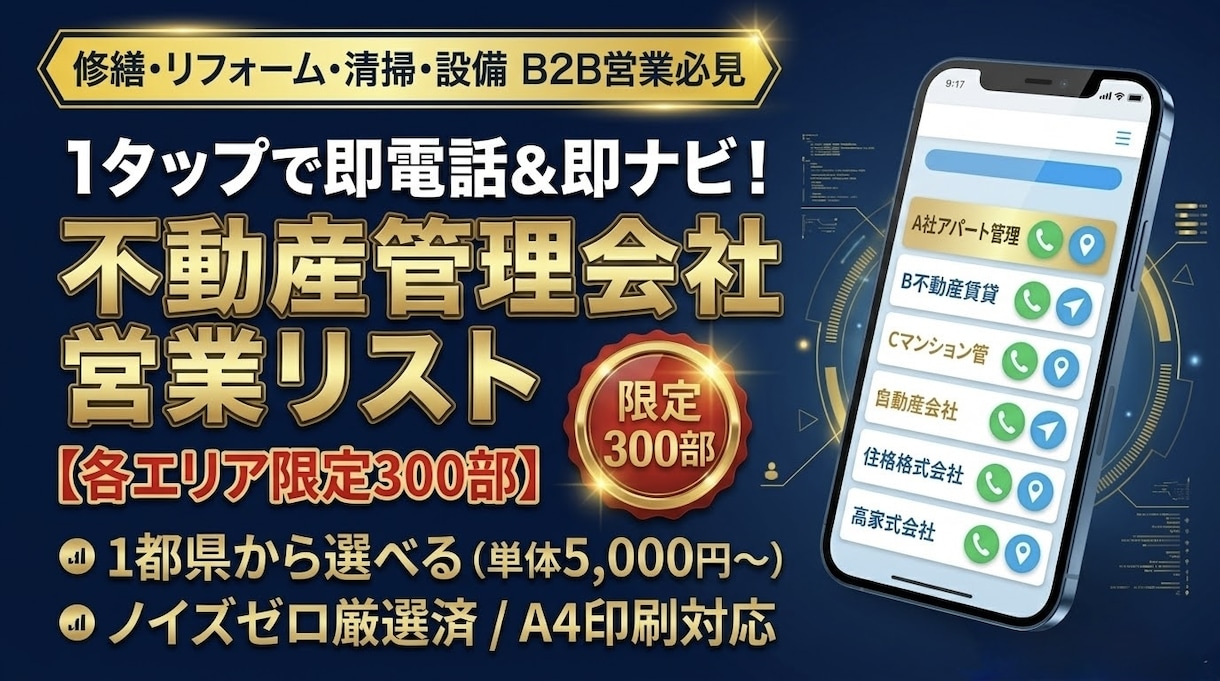 各県選べる！不動産管理会社の営業リストを提供します 各県限定300部！即電話＆即ナビで内装塗装の元請け開拓 イメージ1
