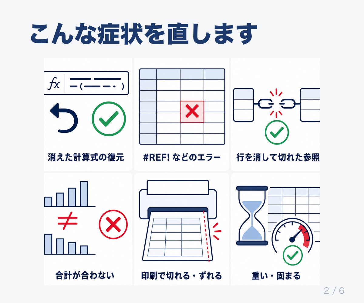 壊れた・開けない・計算が合わないエクセルを直します ファイルを送るだけ。どこを直したかの一枚メモ付きで返します イメージ2