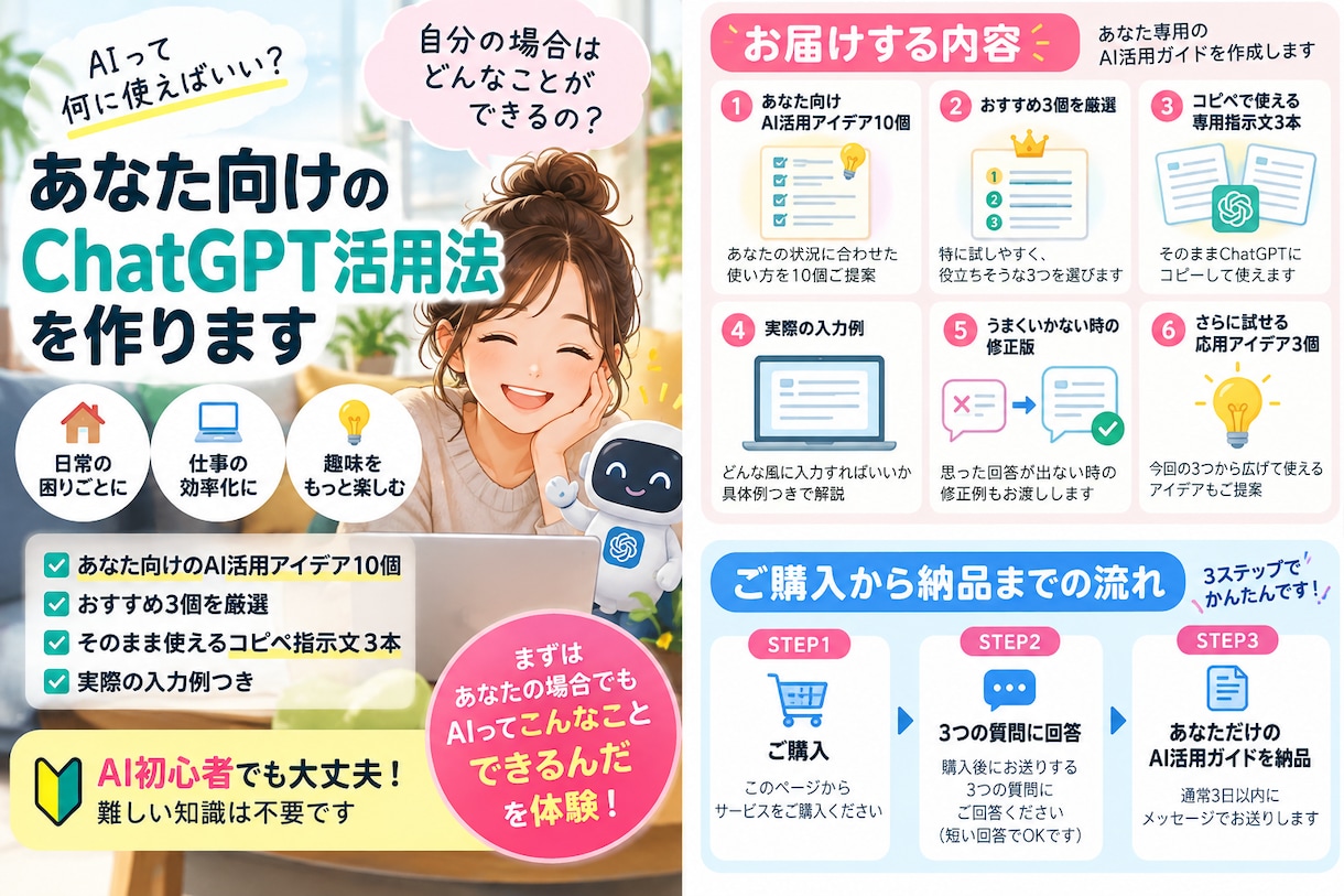 ChatGPT初心者向け｜使い道10個作ります 仕事・日常・趣味から、コピペ指示文3本まで個別提案 イメージ2