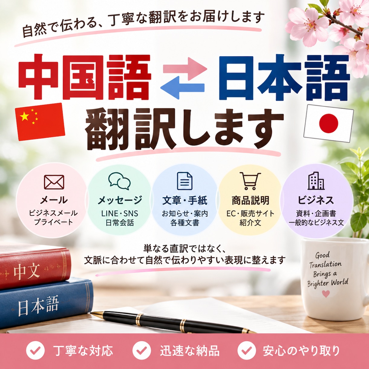 中国語⇄日本語を自然に翻訳します 意味とニュアンスを大切に自然な文章に丁寧に仕上げます イメージ1