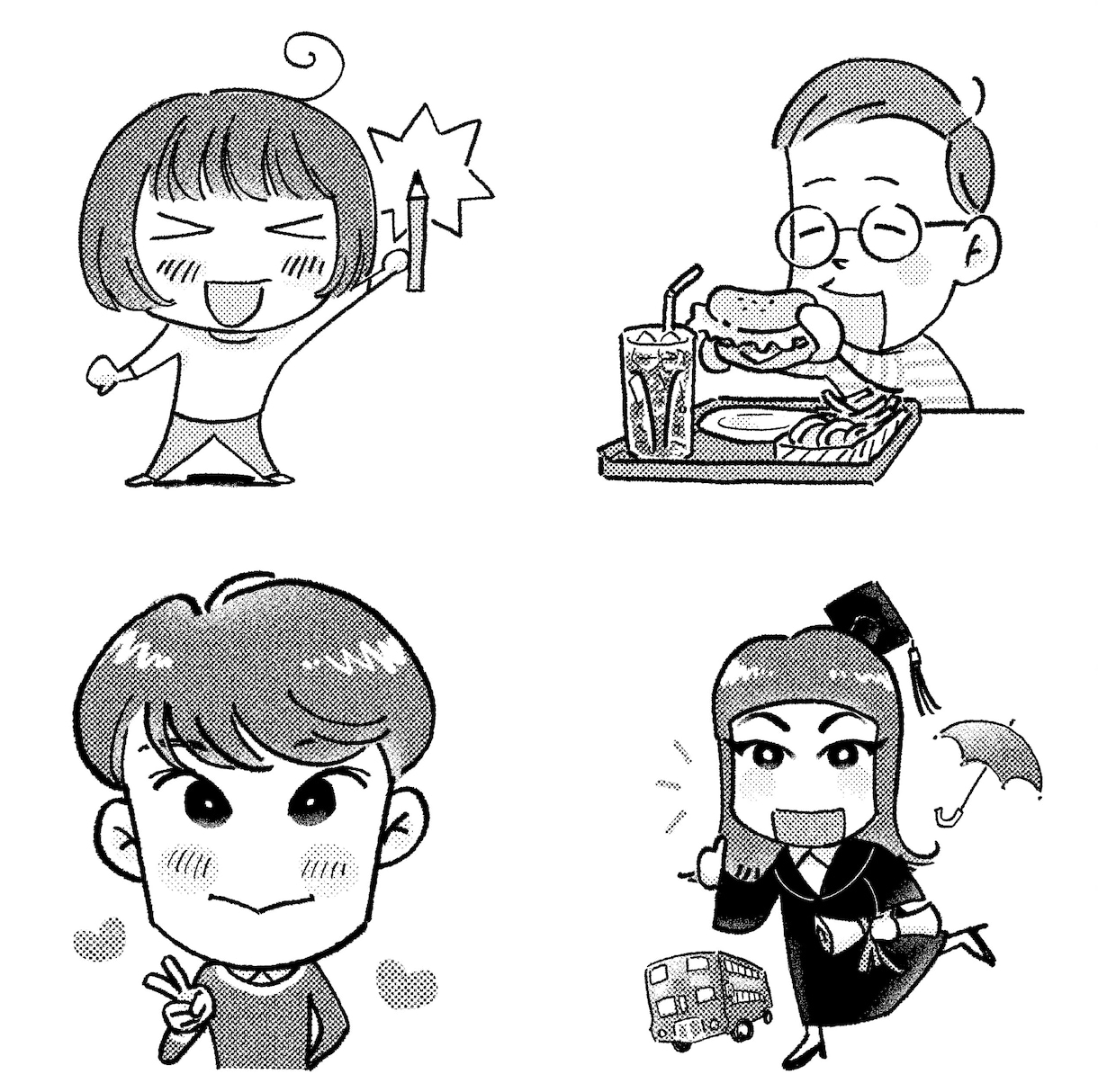 オプション1つ無料中！モノクロで似顔絵を描きます 漫画風のトーンでモノクロ彩色した、デフォルメ似顔絵です。 イメージ1