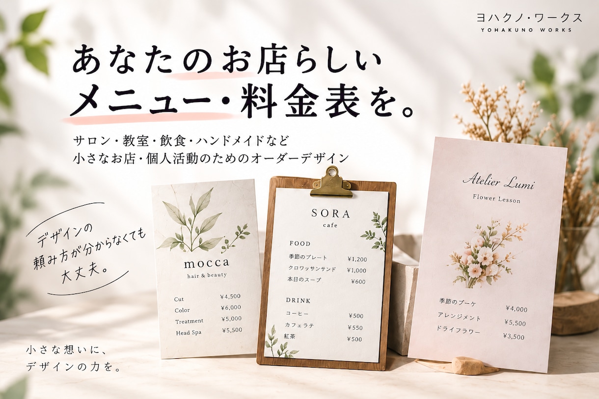 お店らしいメニュー・料金表をデザインします 頼み方が分からなくても大丈夫。相談しながら整えます イメージ1