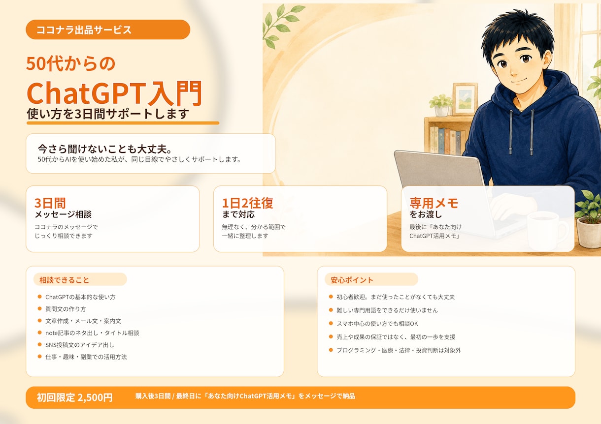 ChatGPTの始め方をやさしく支援します 私自身も50代からChatGPTを使い始めました。 イメージ1