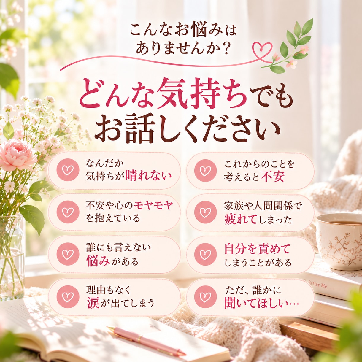 つらい気持ちやモヤモヤをやさしく丁寧にお聴きします 5分だけでも大丈夫。20年以上女性の心に寄り添ってきました。 イメージ4