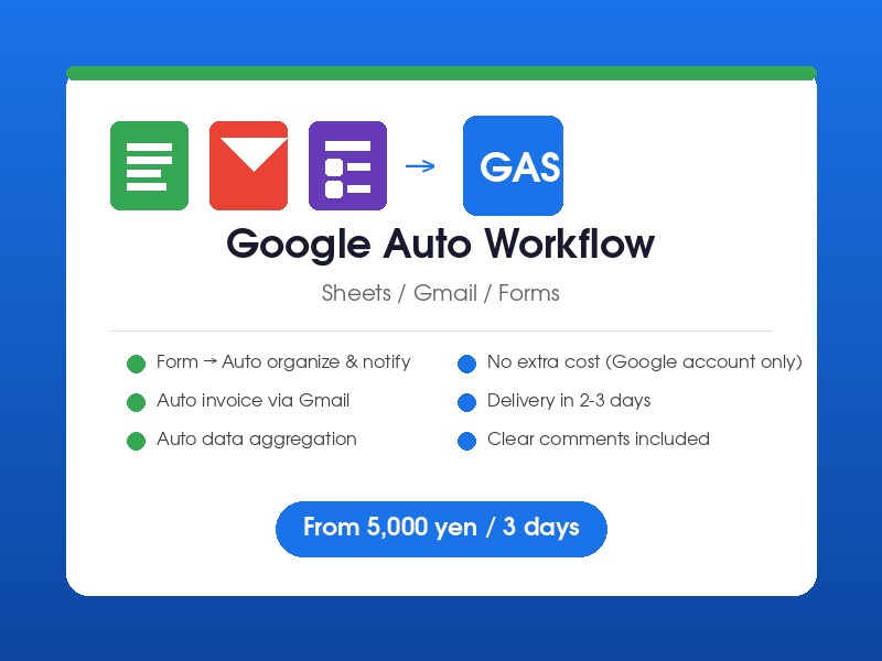 GASでGoogle作業を自動化します スプレッドシート・Gmail・フォームの手作業をゼロにします イメージ1