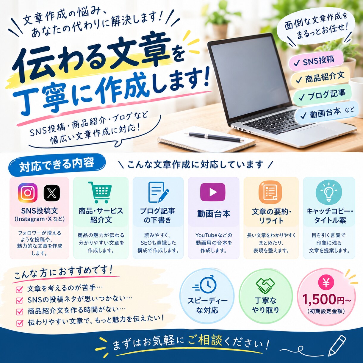 SNS投稿文、商品紹介文等の下書きを作成します 文章作成を効率化！SNS・商品紹介・記事作成をお手伝い！ イメージ1