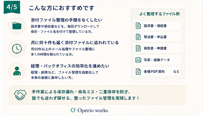 請求書等の添付ファイルを自動整理します 月50件の添付ファイル、毎回手作業で保存していませんか？ イメージ4