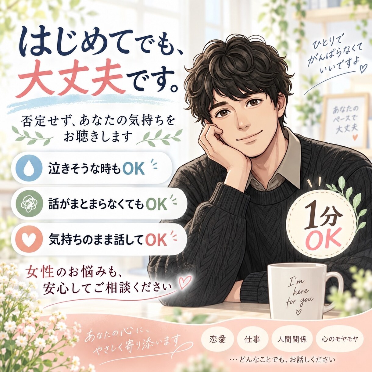 雑談・愚痴・人間関係のお悩み優しくお聴きします 【老若男女歓迎】30代後半既婚男性がモヤモヤも雑談も大歓迎 イメージ1