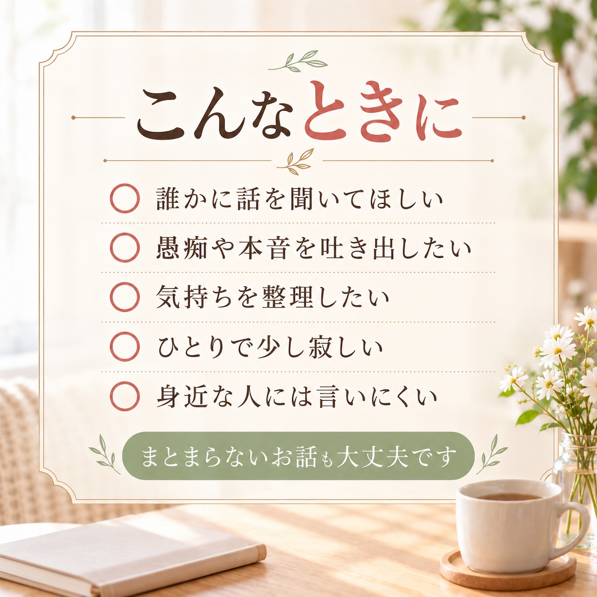 愚痴も本音も否定せずあなたのペースでお聴きします まとまらないお話も大丈夫。安心してお話しください イメージ2