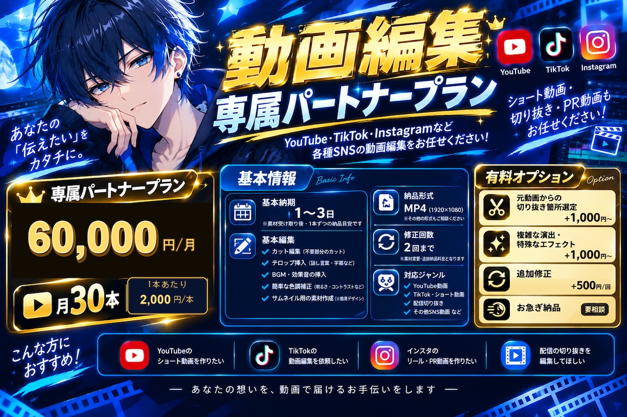 専属パートナープラン60,000円/月30本します 継続的な動画投稿を目指す方向け イメージ1
