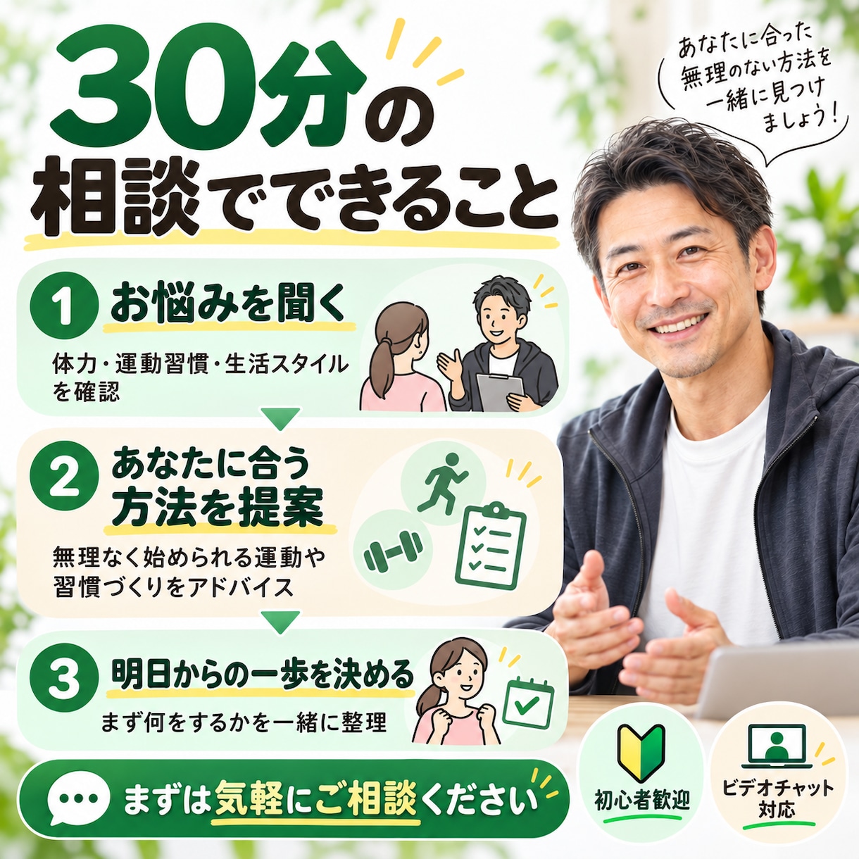 40代からの健康・運動の悩みをお聞きします 運動初心者も安心！あなたに合う健康づくりを提案 イメージ1