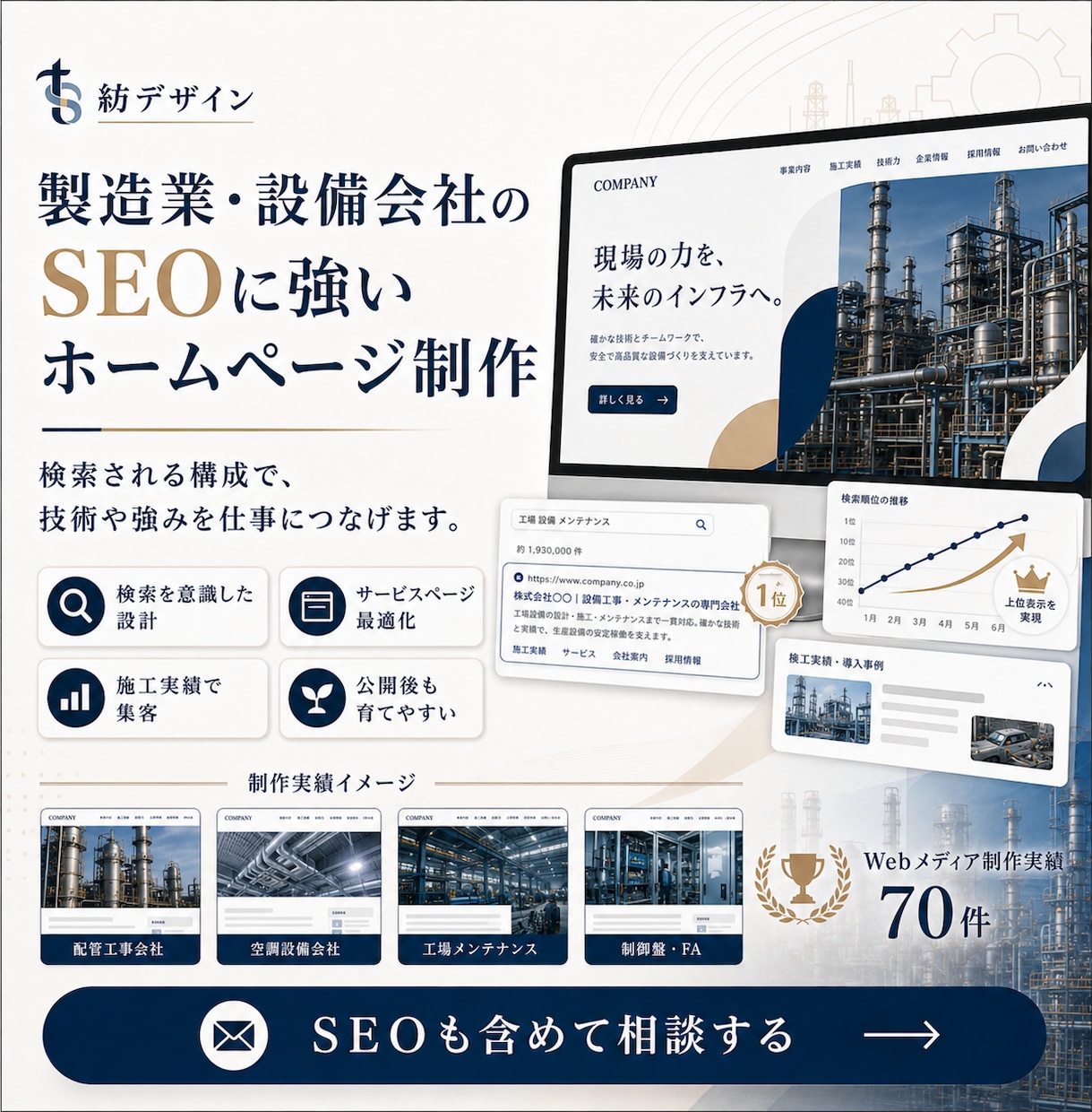 製造業・設備専門工事会社のホームページを制作します 技術・施工実績が伝わる問い合わせ・採用につながるホームページ イメージ2