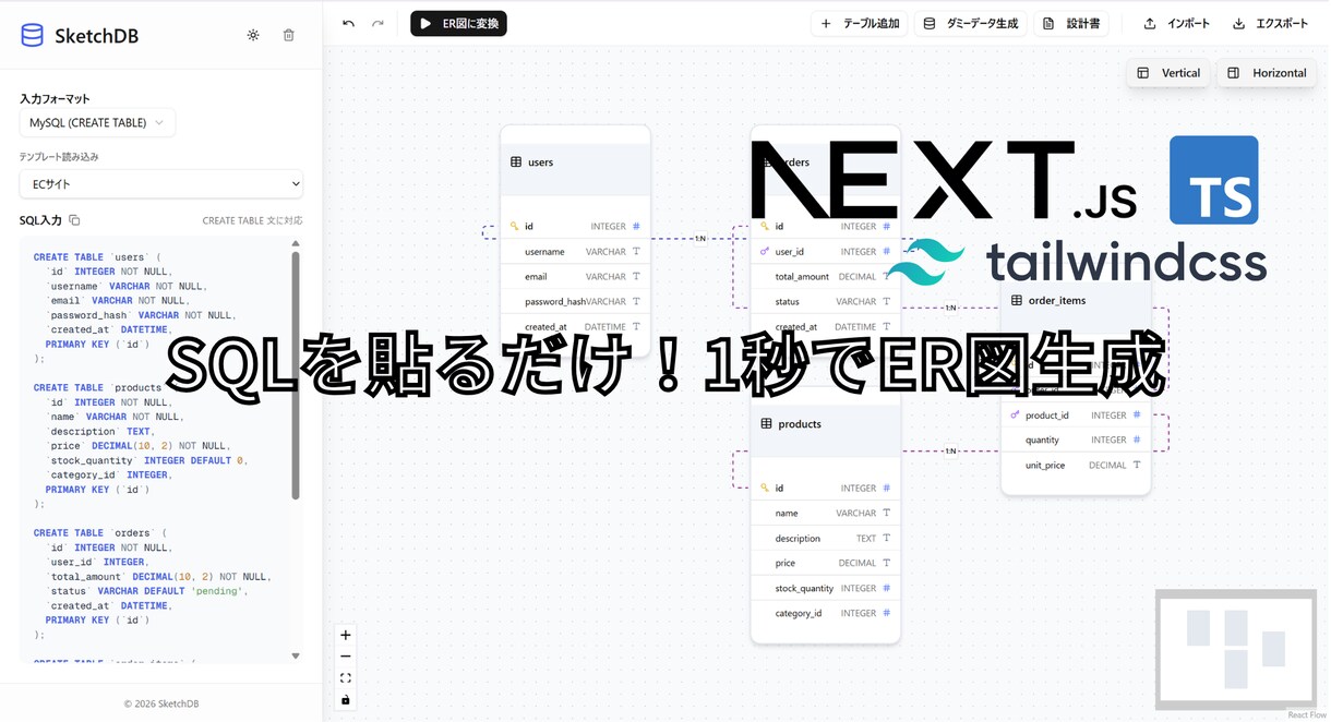ER図＆ダミーデータ生成！DB設計ツール譲ります デモ公開中！ノーコード・ブラウザ完結のDB設計・可視化 イメージ1