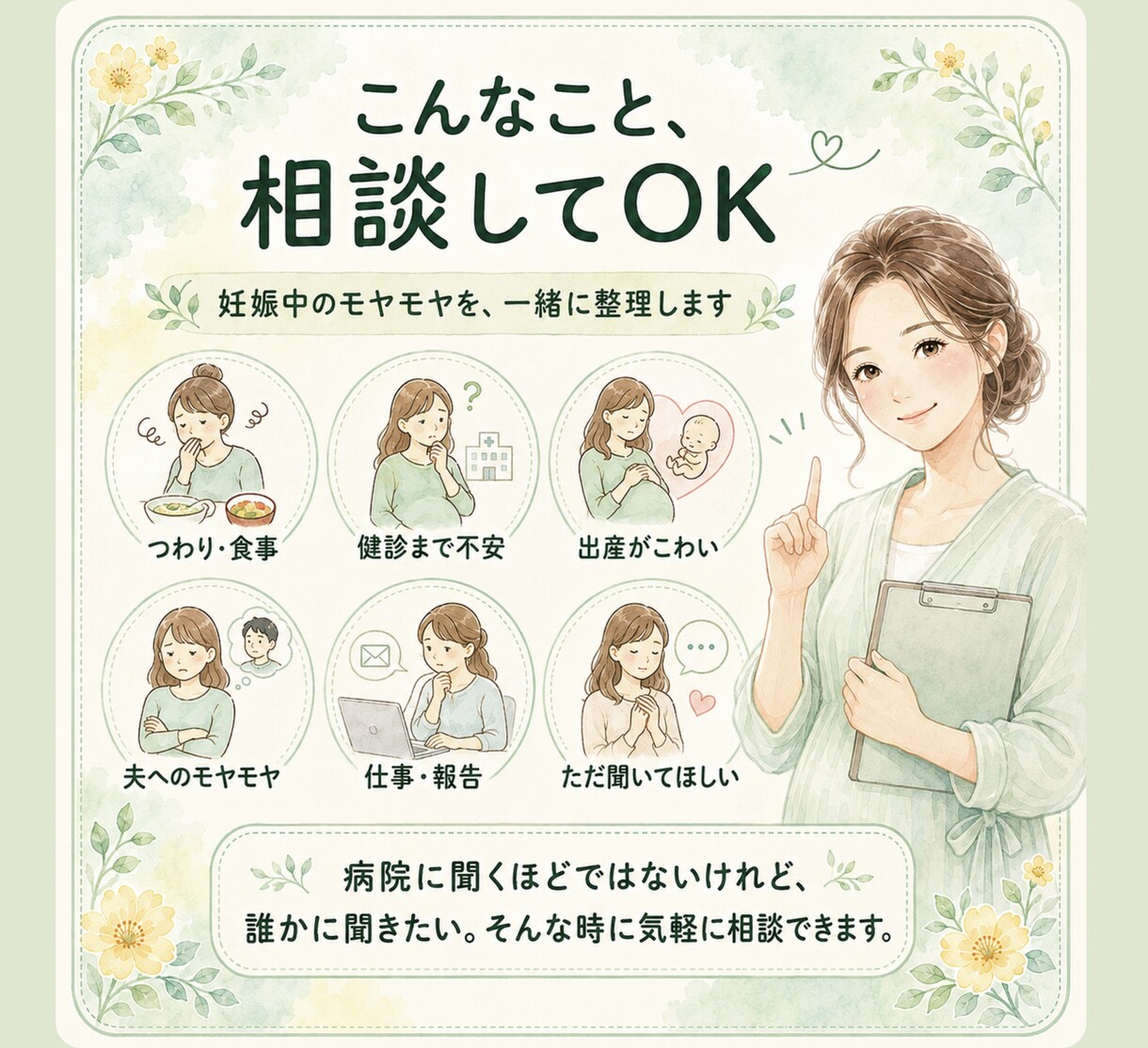 妊娠中の不安を助産師に3日間何度でも相談できます 病院で聞きそびれた小さな不安も一緒に整理します イメージ4