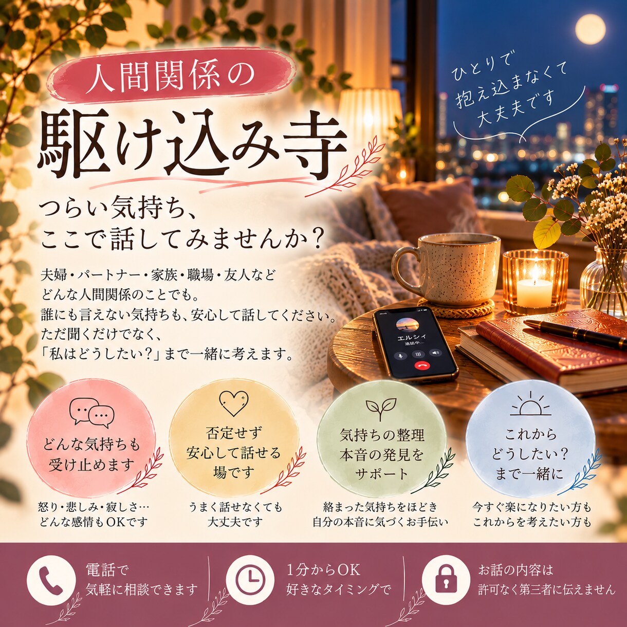 人間関係のつらい気持ち、何でもお聞きします 誰にも言えない本音も大丈夫。心を軽くする時間に イメージ1