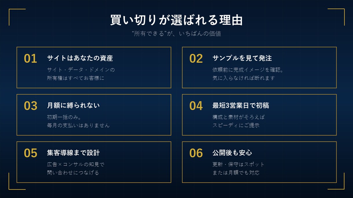 サンプルを見てから選べる買い切りWeb制作します 作って終わりで消えないサイトを。所有権はあなたに イメージ4