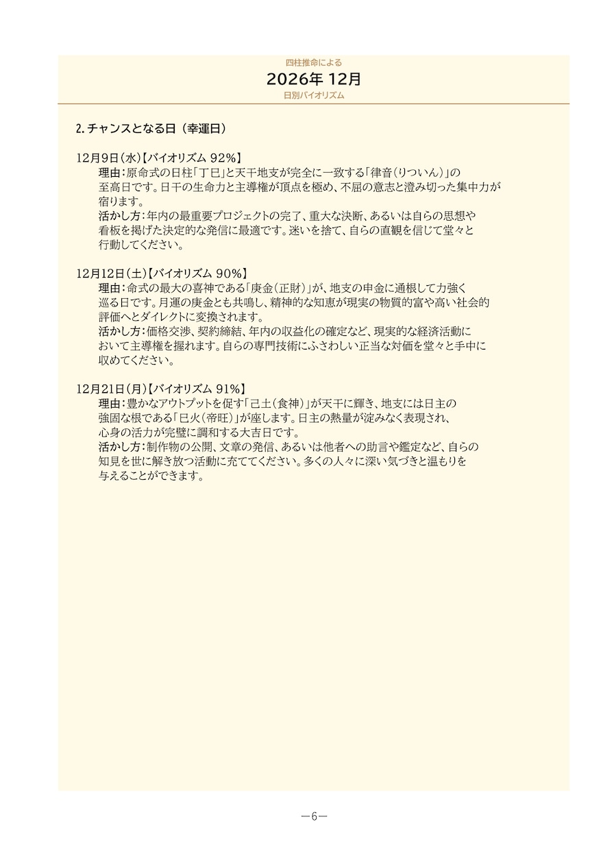 四柱推命で１か月間の運勢を可視化します 命式から希望月の日別運気・幸運日と注意日をPDFでお届け イメージ7