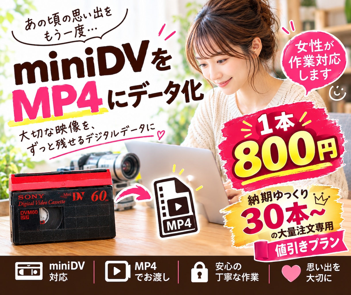 女性対応miniDV30本～格安データ化します 大量割！1本800円女性スタッフ対応miniDVをデータ化 イメージ1