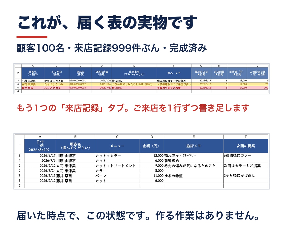 スプレッドシートで顧客カルテと来店管理表を渡します 開いたその日から使えます。最終来店・回数・累計が自動 イメージ2