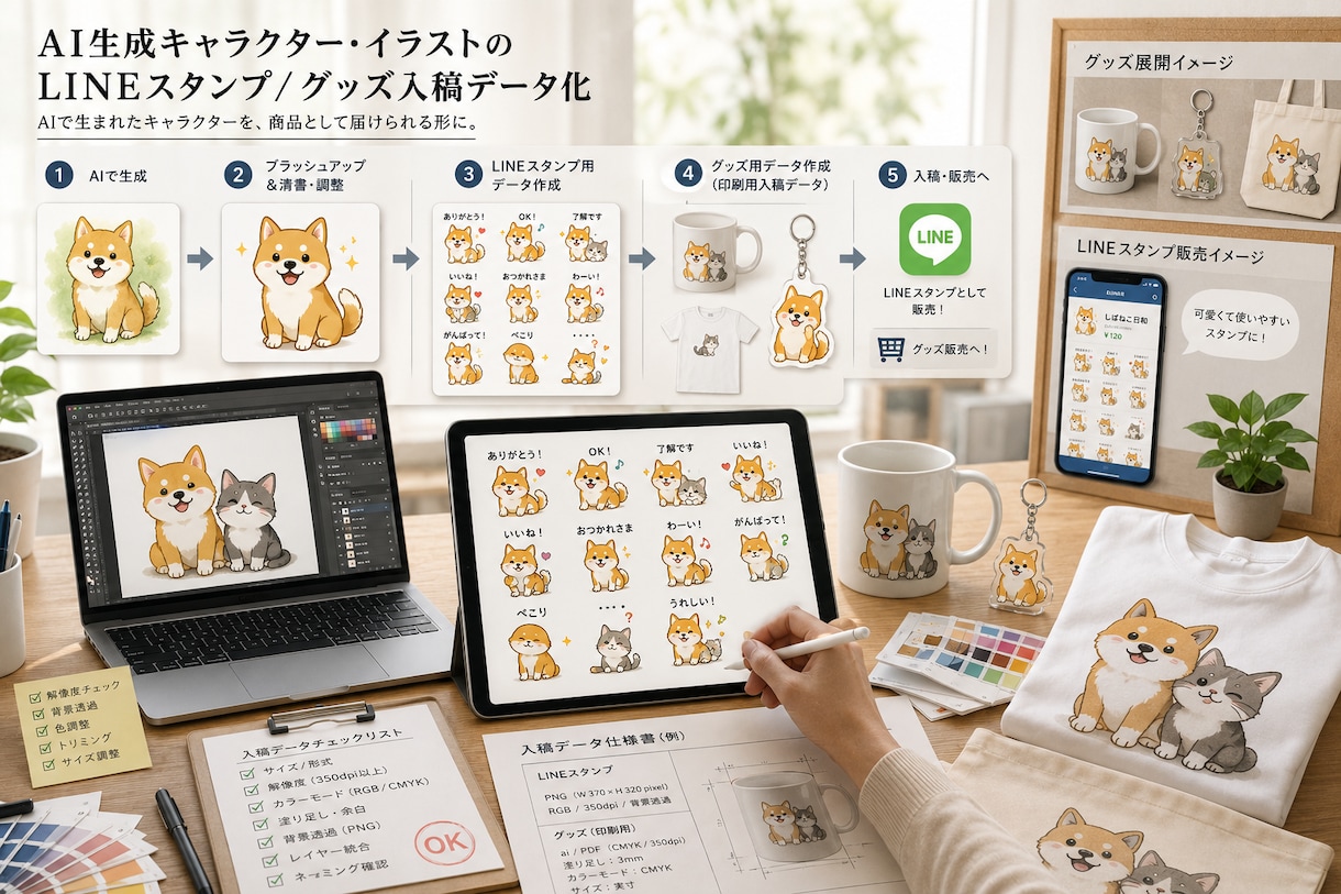 AI生成キャラを、LINEスタンプ・グッズにします AI生成イラストのLINEスタンプ/グッズ入稿データ化 イメージ1