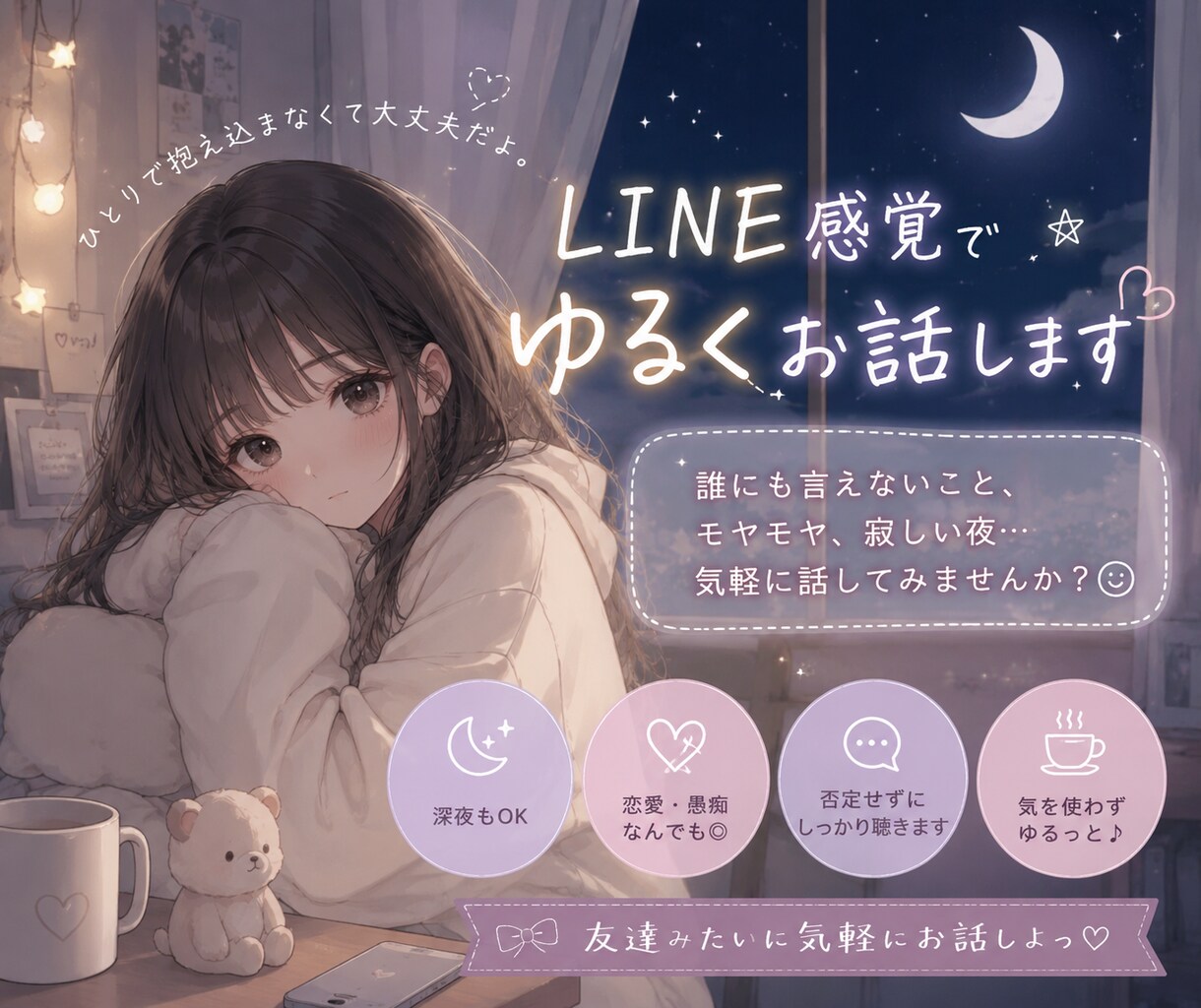 LINE感覚でゆるくお話します 友達みたいに気を使わずゆるっと本音で話せる場所です イメージ1