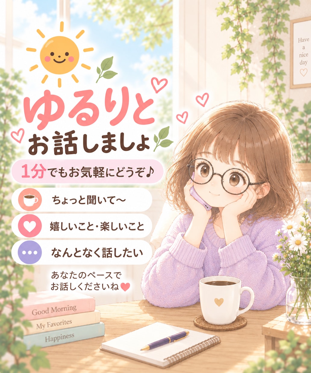朝のお喋り〜1分からお話しできます なんとなく元気が出ない朝〜お喋りしてから1日を始めませんか？ イメージ2