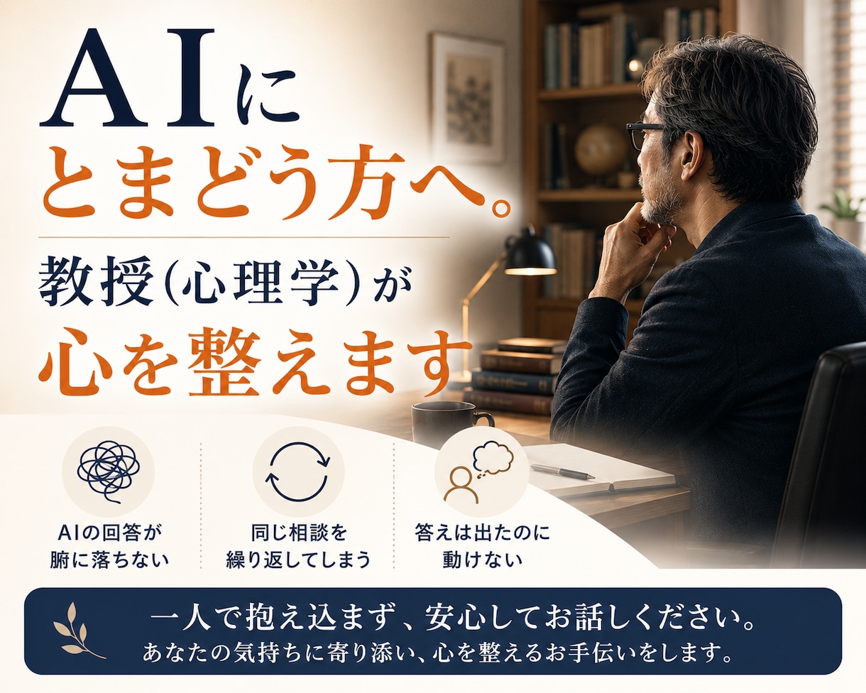 AI にとまどう方へ。教授(心理学)が心を整えます 心理学の最先端▲から、やさしいご助言と鋭い分析をお届けします イメージ1