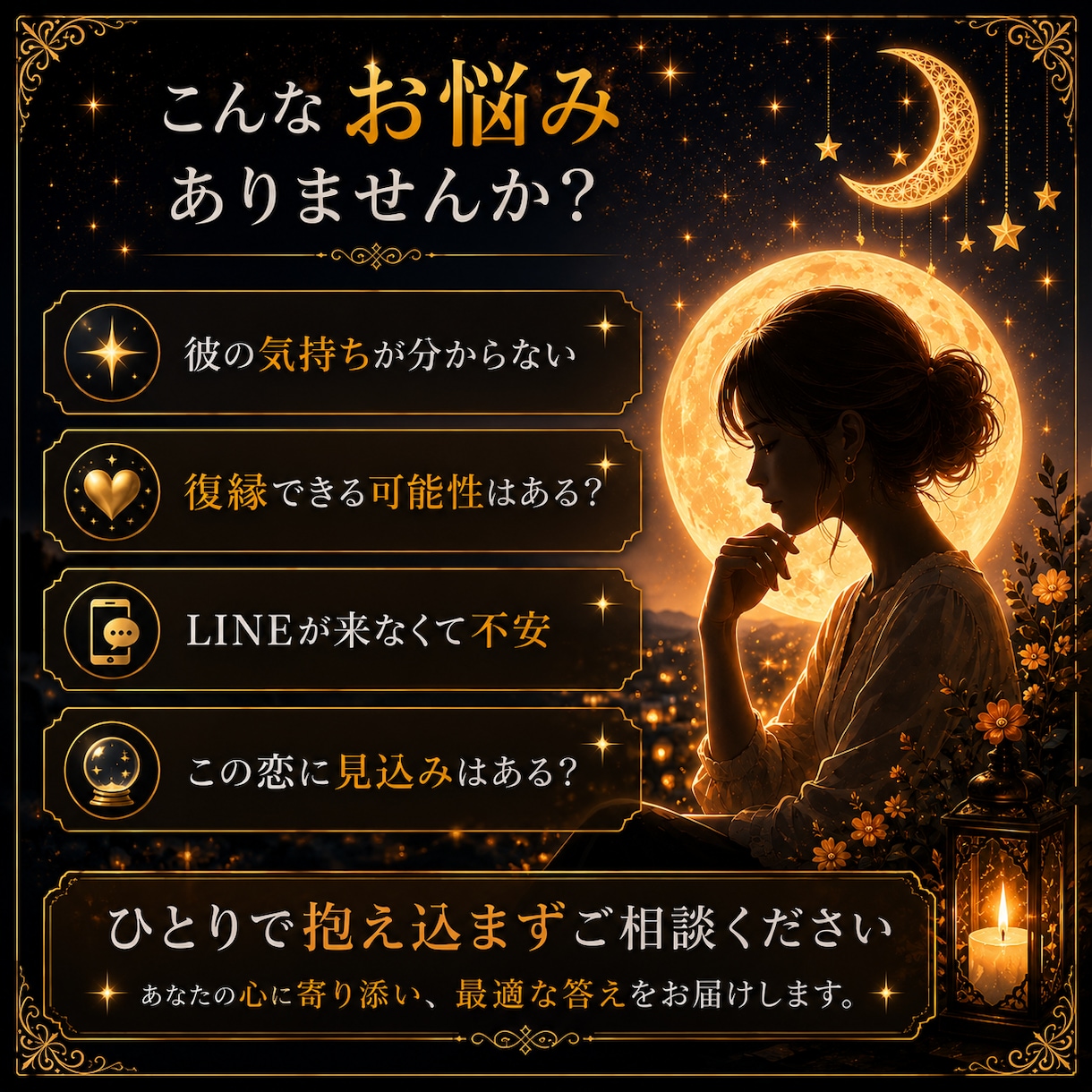 恋の状況を整理し、あなたに必要な答えをお伝えします 彼の本音・復縁・片思いを、現実的な視点で読み解きます イメージ2