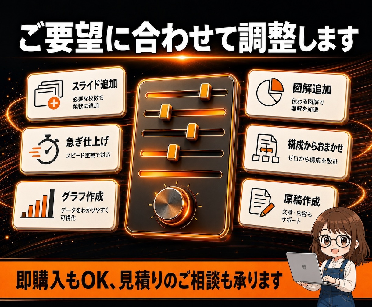 スライド作成 丸投げOK 最短即日で仕上げます 原稿は丸投げでOK。最短即日で、伝わる資料に仕上げます イメージ9