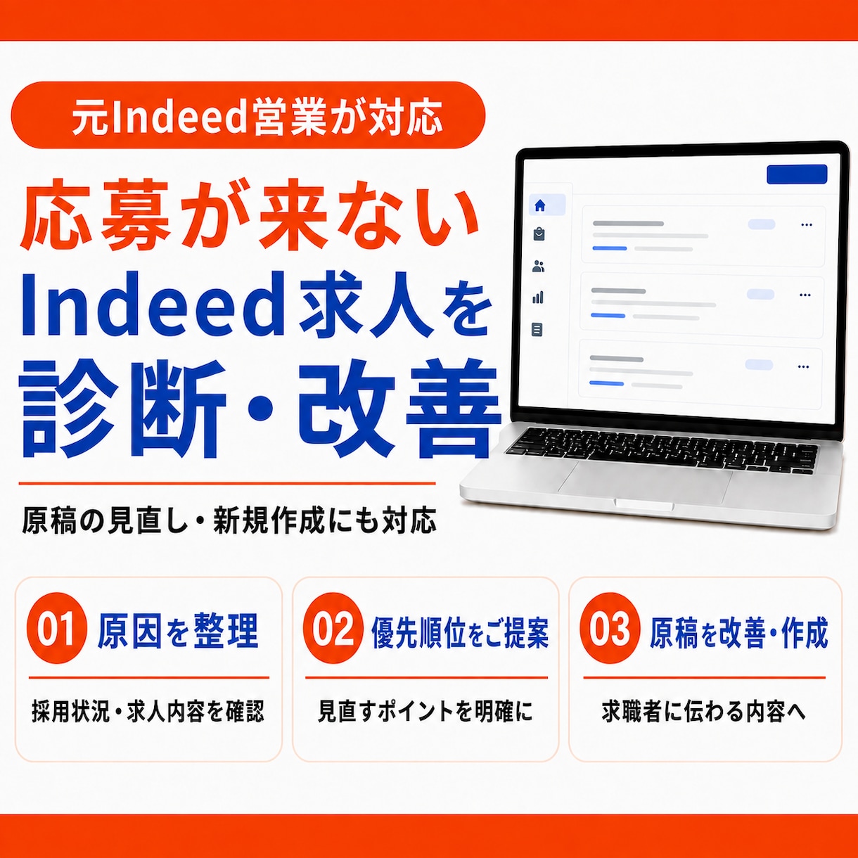 Indeed求人を診断し、原稿を改善・作成します 元Indeed営業が原因仮説と改善の優先順位をご提案 イメージ1