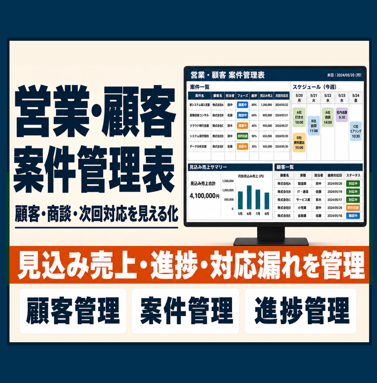 営業・顧客・案件を管理するExcelを作成します 顧客・商談・次回対応・売上見込みを一元管理 イメージ1