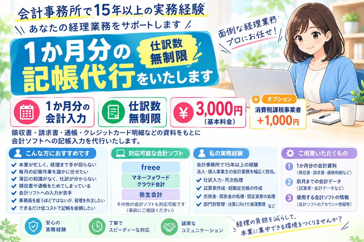 仕訳数無制限！1か月分の記帳代行します freee・弥生オンライン・MF対応 イメージ1